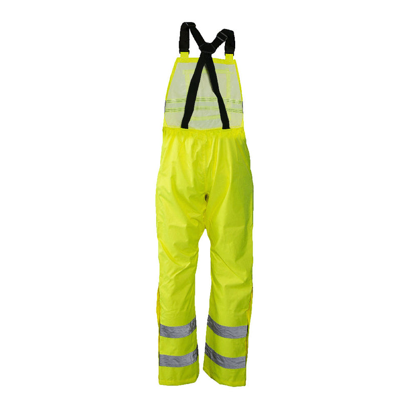 Load image into Gallery viewer, Caution Hi Vis Bib Overtrouser, Yellow, featuring reflective stripes, adjustable shoulder straps, and a large chest pocket with Velcro flap, designed for durability and high visibility in safety work environments.