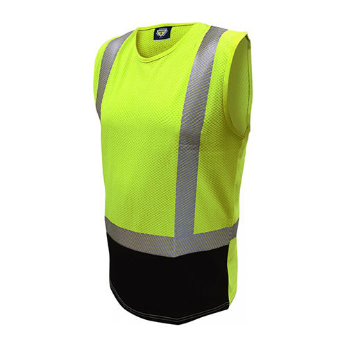 Load image into Gallery viewer, Caution Hi Vis Microvent Taped Singlet, featuring vented reflective tape for comfort, crafted from 100% polyester. Designed for high UV protection and breathability, suitable for day/night use in safety environments.