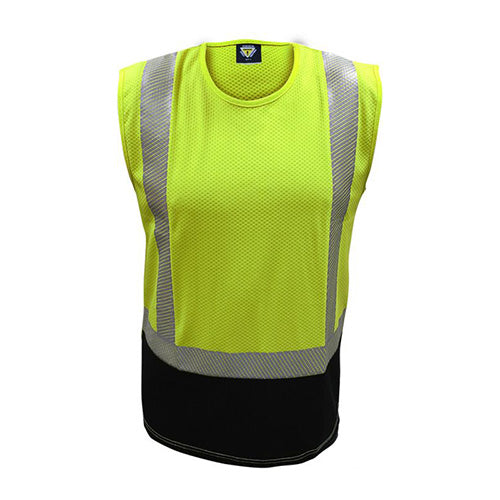 Load image into Gallery viewer, Caution Hi Vis Microvent Taped Singlet with vented reflective grey stripes, designed for high visibility and safety, features a breathable, soft 100% polyester fabric, certified for day/night use.