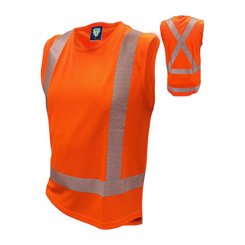 Load image into Gallery viewer, Close-up of the Caution TTMC-W17 X-Back Microvent Singlet, showcasing its durable design with X-back reflective tape, ideal for safety compliance in work environments. Made with 100% polyester for high UV protection.