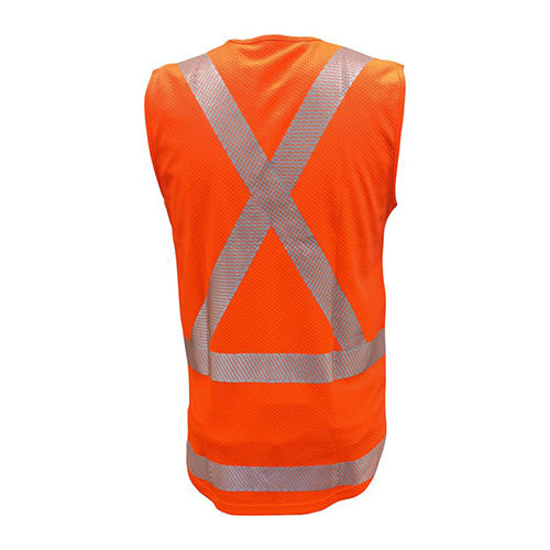 Load image into Gallery viewer, Caution TTMC-W17 X-Back Microvent Singlet close-up, showcasing detailed reflective X-back tape. Ideal for safety and visibility, made from durable polyester with certified compliance for day and night use.