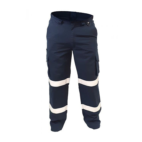 Load image into Gallery viewer, Caution 100% Cotton Taped Cargo Trousers, Navy, featuring white stripes, cargo pockets, and reflective tape for workplace safety, showcase a functional design suited for safety-conscious environments.
