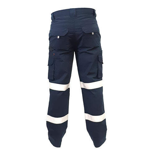 Load image into Gallery viewer, Caution 100% Cotton Taped Cargo Trousers, Navy, featuring white stripes and reflective tape, designed with cargo pockets, adjustable knee pad pocket, and a comfortable fit, ideal for workplace safety and utility.
