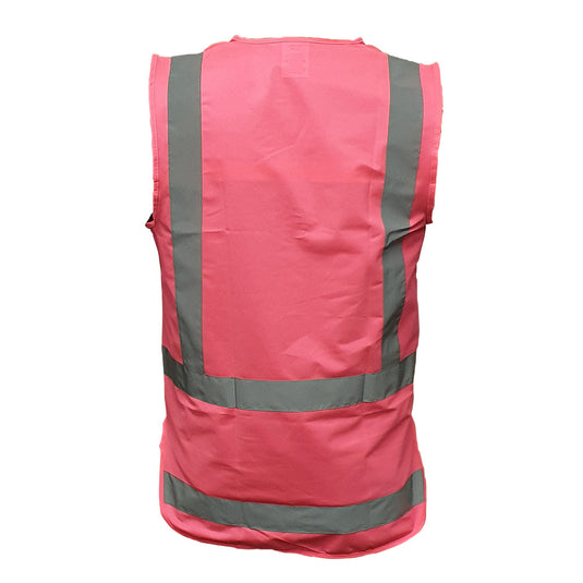 Caution Pink Day/Night Safety Vest featuring grey reflective stripes, zip closure with long tail, cellphone chest pocket, and clear ID pocket, designed for high visibility and certified for day/night use.