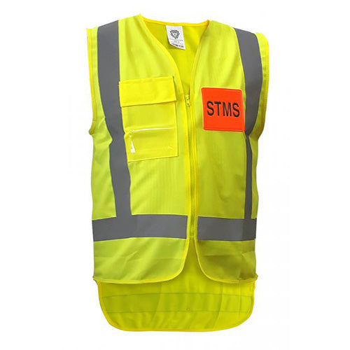 Caution STMS Hi Vis Safety Vest featuring reflective stripes, zip closure, long tail, and chest pockets, designed for safety compliance and visibility, ideal for workplace environments.