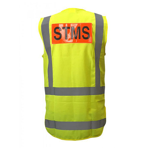 Caution STMS Hi Vis Safety Vest featuring a zip closure, long tail, and reflective grey stripes. Equipped with a cellphone chest pocket and clear ID pocket, designed for high visibility in workplace settings.