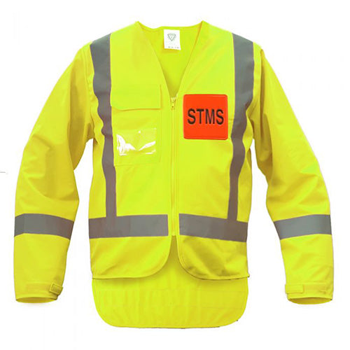 Load image into Gallery viewer, Caution STMS Long Sleeve Safety Vest featuring reflective stripes, zip closure with long tail, velcro strap cuffs, and chest pockets. Designed for high visibility and certified for workplace safety compliance.