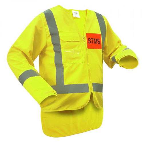 Caution STMS Long Sleeve Safety Vest with reflective stripes, zip closure, and Velcro cuffs; features chest cellphone pocket and clear ID pocket, certified for high visibility and safety standards.