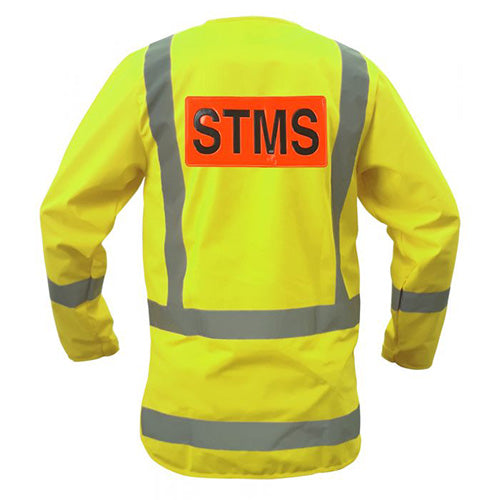 Caution STMS Long Sleeve Safety Vest with reflective stripes, featuring zip closure, long tail, Velcro cuffs, cellphone chest pocket, and clear ID pocket. Certified for STMS use, ideal for high-visibility workplace safety.