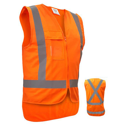 Caution TTMC-W17 X-Back Safety Vest, featuring a zip closure, long tail, cellphone chest pocket with flap, and clear ID pocket. Designed with certified hi-vis fabric for superior visibility, ideal for safety compliance.