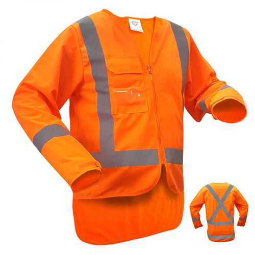 Caution Hi Vis Long Sleeve TTMC-W17 X-Back Vest featuring reflective stripes, zip closure, long sleeves with Velcro cuffs, cellphone chest pocket, and clear ID pocket, ideal for workplace safety adherence.