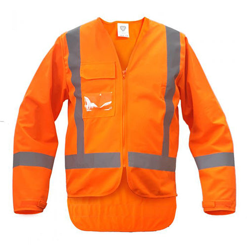 Caution Hi Vis Long Sleeve TTMC-W17 X-Back Vest; orange reflective jacket with grey stripes, featuring a zip closure, long sleeves with Velcro cuffs, cellphone chest pocket, and clear ID pocket, ideal for safety workwear.