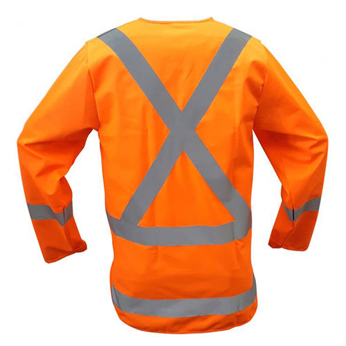 Load image into Gallery viewer, Caution Hi Vis Long Sleeve TTMC-W17 X-Back Vest featuring a zip closure, long sleeves with Velcro cuffs, and a cellphone chest pocket with flap, ideal for safety and visibility.