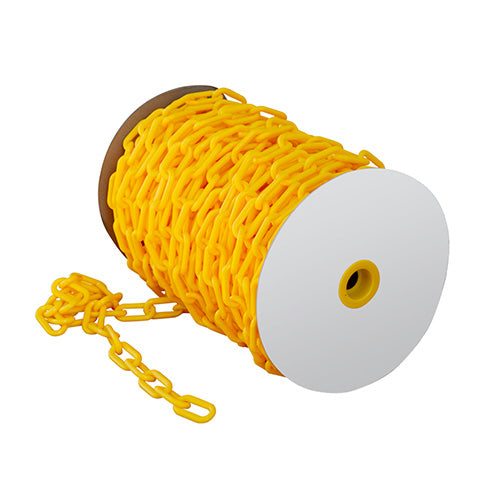 Esko Plastic Safety Chain 8mm Yellow: 25m roll displayed on a spool, showcasing its durable, UV-resistant polyethylene construction designed for safety applications, reflecting Active Safety's commitment to robust workplace solutions.
