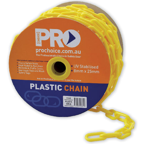Safety Chain Yellow 25m: A spool of durable plastic chain designed for hazard area visibility, featuring UV stabilization. Ideal for safety applications, it measures 8mm thick and extends to 25 meters.