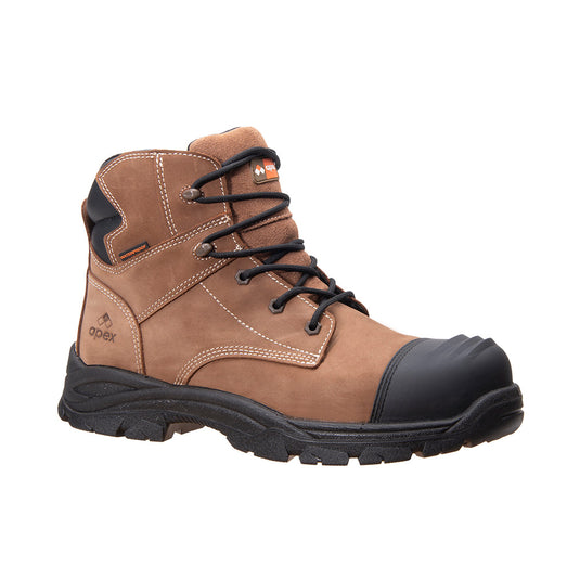 Apex Pearse Waterproof Safety Boots featuring premium leather, composite toe cap, and heavy-duty scuff cap, ideal for workplace safety with reinforced midsole and shock absorption.
