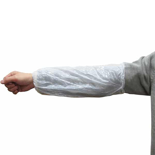 A person wearing a PE White Sleeve Cover 400mm, demonstrating its application in protecting clothing from dirt and grime, suitable for food processing, medical, and manufacturing environments.