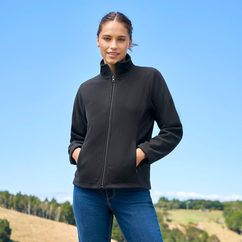 Load image into Gallery viewer, Biz Ladies Plain Micro Fleece Jacket, featuring a full-length front zipper, panel details, and concealed pockets with invisible zippers, offers warmth and durability, perfect for layering in active or safety-focused environments.
