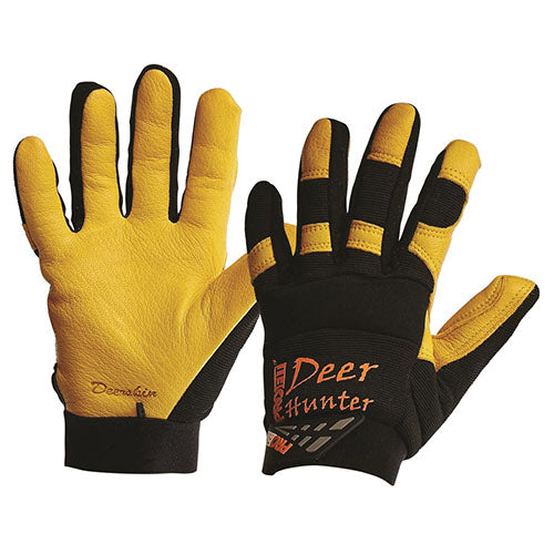ProFit Deerskin Rigger Glove featuring a close-up of durable deerskin leather, highlighting its interwoven fibers for enhanced shear strength and abrasion resistance, ideal for extended use in various temperatures.