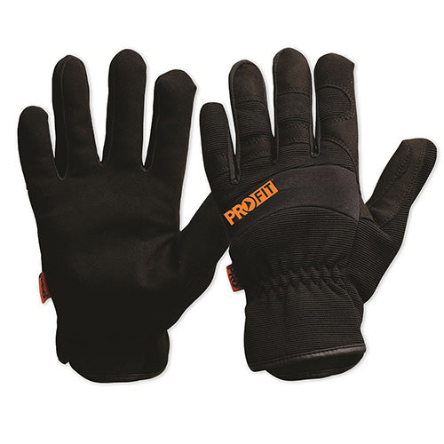 ProFit Riggamate Synthetic Gloves featuring a black synthetic leather palm with a red label, neoprene knuckle panel, and elastane back for flexibility and breathability, designed for enhanced safety and functionality.