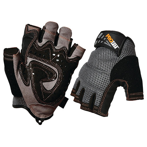 ProFit Fingerless Gloves featuring a Geko Grip palm with rubberized thumb and forefinger, padded knuckles, and reinforced stitching, ideal for precision tasks and vibration attenuation in safety and work environments.