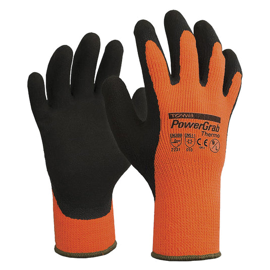 Esko Towa Powergrab Thermo Glove featuring MICROFINISH latex coating for enhanced grip, ergonomic design for comfort, and extra thumb coating for safety, ideal for cold conditions and FDA approved.