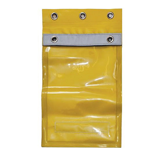 Permit Document Holder with silver grommets and a front pocket, designed for safety applications. Features a reflective strap and eyelets, perfect for securing permits and documents in industrial settings.