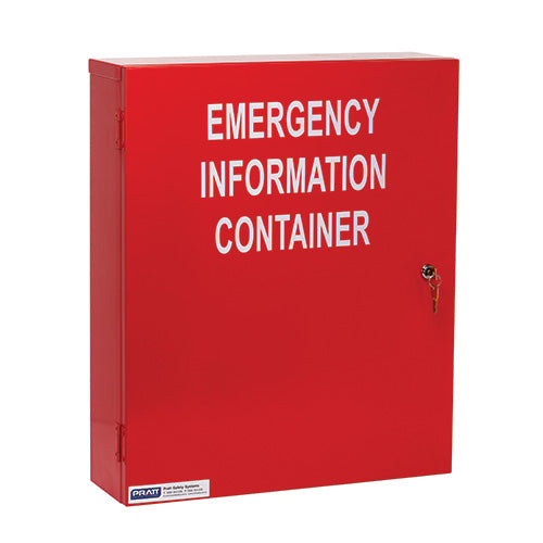 Pratt Emergency Information Cabinet, a red metal box with white text, designed for storing safety documents securely with a 003 Combination Lock, ideal for workplace safety compliance in hazardous material management.