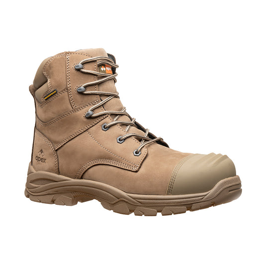 Apex Piha Safety Boots featuring lace-up design, YKK side zip, and composite toe cap, showcasing durable construction and safety features for optimal protection and comfort in demanding work environments.