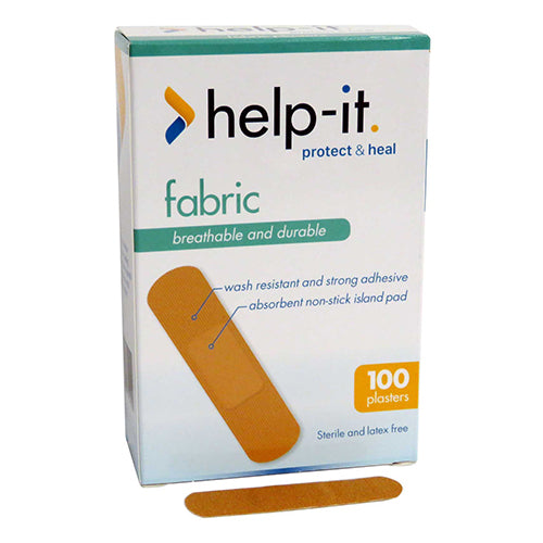 Fabric Plasters Box/100 showcasing Help-It fabric plasters, highlighting their flexibility, durability, and wash-resistant features. The image features a close-up of a band aid with non-stick island dressing.