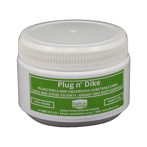Plug n' Dike Sealant 650g, a white container with a green label and plastic cap, designed for immediate leak sealing on various surfaces, ideal for safety and workplace supplies.