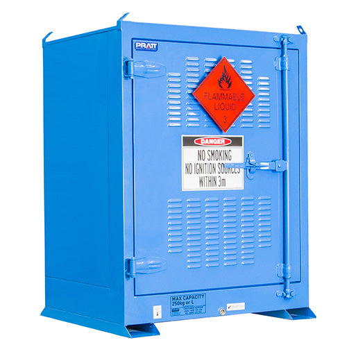 Pratt 250L Outdoor DG Storage Cabinet featuring a blue metal exterior with a warning sign, manual closing door, weatherproof louvered ventilation, and adjustable shelf, ideal for storing hazardous materials safely.