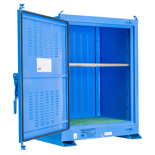 Pratt 250L Outdoor DG Storage Cabinet with open blue metal door, showcasing its robust build and secure storage features for hazardous materials, suitable for safety-conscious workplaces.