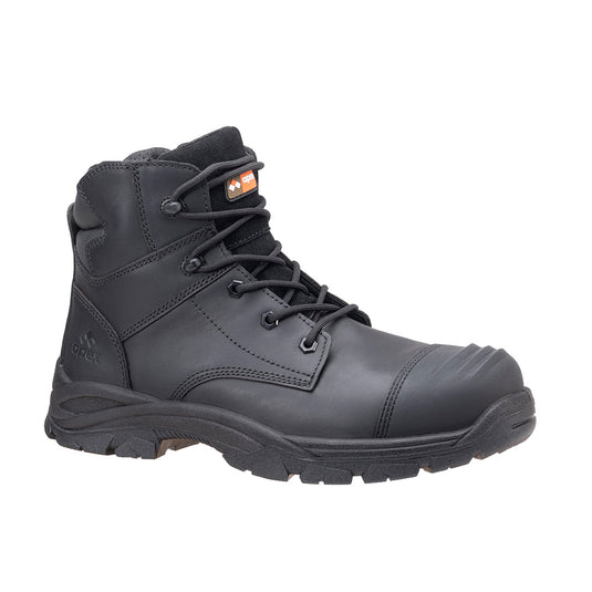 Apex Power Zip Safety Boots, featuring a robust black leather design with laces and a composite safety toe. Ideal for workplace safety, emphasizing durability and comfort with a water-resistant gusset and shock-absorbing sole.
