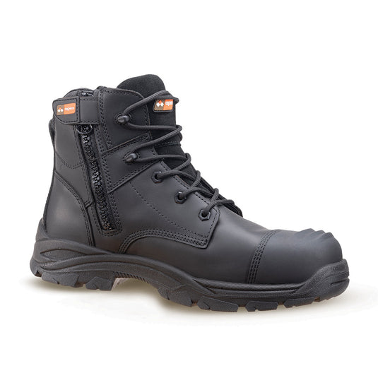 Apex Power Zip Safety Boots featuring a black leather design with a convenient side zipper. These composite toe boots offer a durable build, ideal for safety and comfort in demanding work environments.