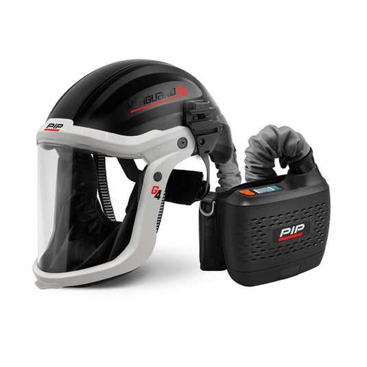 Vanguard G4 Powered Air Purifying Respirator (PAPR) Complete Kit, featuring a black and white helmet with a clear visor and a durable blower unit, designed for comprehensive head and respiratory protection.