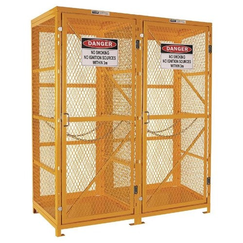 Pratt Gas Cylinder Storage Cage, Double, featuring a yellow metal cage with welded steel mesh sides, safety signs, and restraining chains for secure outdoor gas cylinder storage.