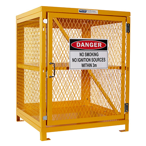 Pratt Aerosol Storage Cage (Holds 200 Cans) features a durable yellow metal structure with welded steel mesh sides and safety signage. Designed for secure outdoor storage, it includes magnetic door catches and forklift mobility.