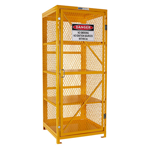 Pratt Aerosol Storage Cage (Holds 400 Cans) featuring a yellow metal cabinet with welded steel mesh sides, solid roof, and strong magnetic doors. Ideal for safe outdoor storage with secure padlock eye lug.