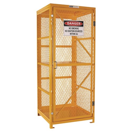 Pratt Forklift Cylinder Storage Cage, Single, features a robust yellow metal design with a warning sign, showcasing steel mesh sides for ventilation and magnetic door catches for secure storage.