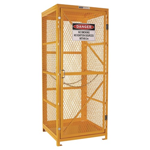 Pratt Gas Cylinder Storage Cage, Single, features a yellow metal cabinet with warning sign, steel mesh sides for ventilation, magnetic door catches, and raised legs for secure outdoor installation.