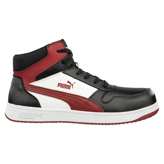 Puma Frontcourt Mid Cut Safety Shoe, Black/Red, featuring a sleek basketball-inspired design with a water-repellent leather upper and durable slip-resistant rubber sole, ideal for safety and comfort in active workplaces.