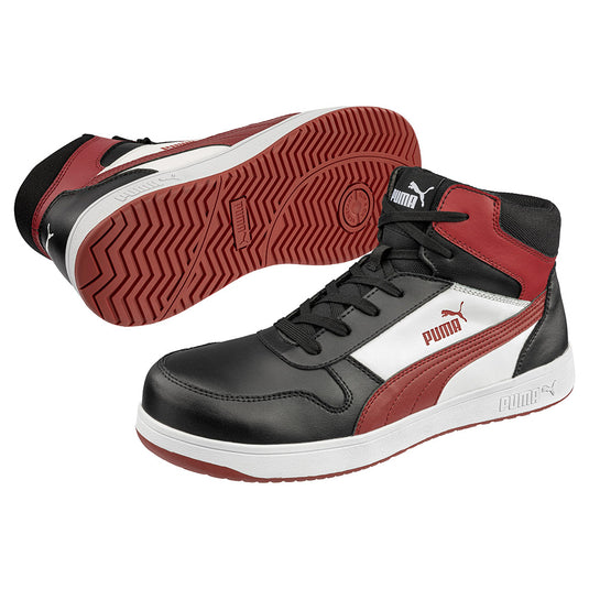 Puma Frontcourt Mid Cut Safety Shoe, Black/Red, featuring a sleek design with a water-repellent leather upper, fiberglass toe cap, and heat-resistant sole, embodies safety, comfort, and vintage style.