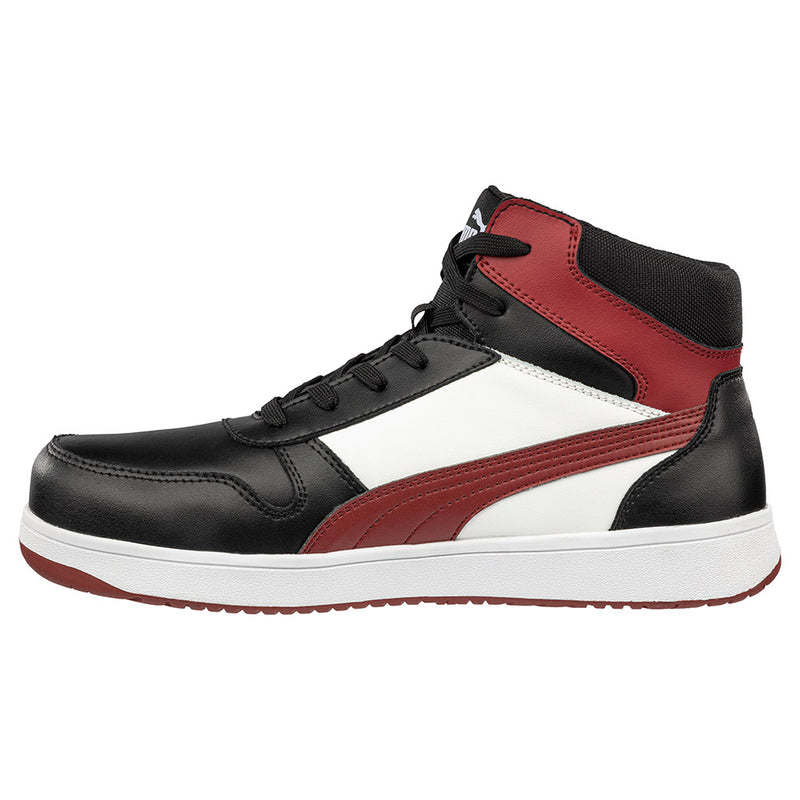 Load image into Gallery viewer, Puma Frontcourt Mid Cut Safety Shoe, Black/Red, features a sleek basketball-inspired design with a smooth leather upper, idCELL shock absorption, and a slip-resistant rubber outsole, ideal for safety and style.