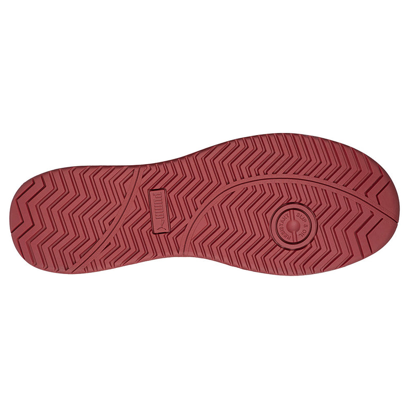 Load image into Gallery viewer, Puma Frontcourt Mid Cut Safety Shoe, Black/Red, featuring a sleek design, water-repellent leather upper, lightweight fibreglass toe cap, and a durable herringbone-patterned rubber sole for enhanced safety and comfort.