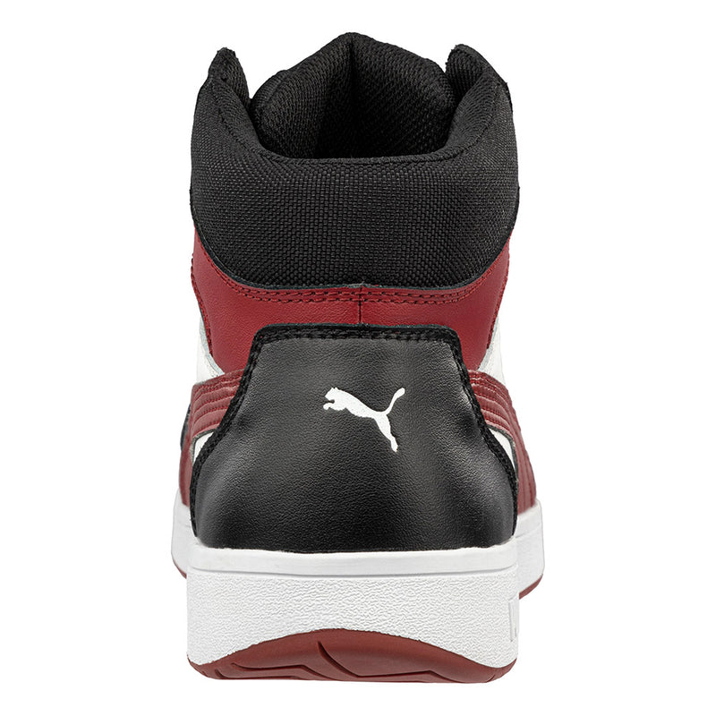 Load image into Gallery viewer, Puma Frontcourt Mid Cut Safety Shoe in Black/Red features a smooth leather upper, lightweight fibreglass toe cap, and a heat-resistant rubber sole with slip-resistant herringbone pattern, combining style and safety.