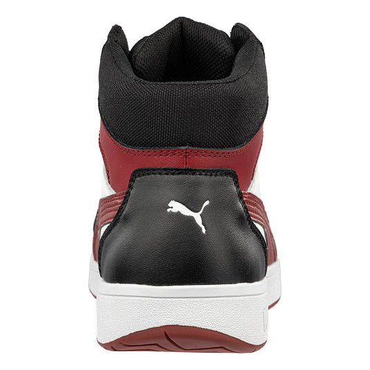 Puma Frontcourt Mid Cut Safety Shoe in Black/Red features a smooth leather upper, lightweight fibreglass toe cap, and a heat-resistant rubber sole with slip-resistant herringbone pattern, combining style and safety.