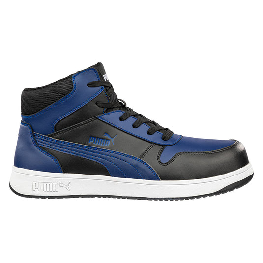 Puma Frontcourt Mid Cut Safety Shoe, Blue/Black, featuring a sleek basketball-inspired design with a fibreglass toe cap, water-repellent leather, and a heat-resistant, slip-resistant rubber outsole for enhanced protection and comfort.