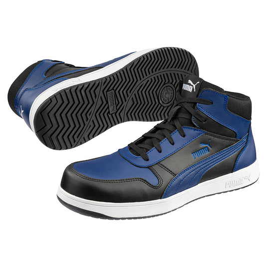 Puma Frontcourt Mid Cut Safety Shoe, Blue/Black, featuring a smooth leather upper, lightweight fiberglass toe cap, and heat-resistant rubber outsole, merges vintage style with modern safety and comfort technologies.