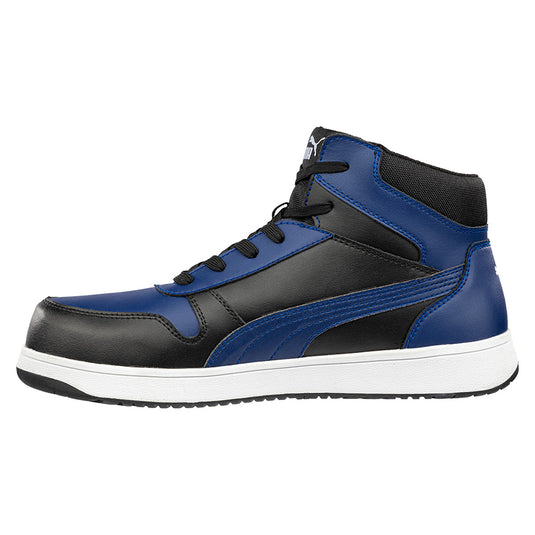 Puma Frontcourt Mid Cut Safety Shoe, Blue/Black, featuring a vintage basketball-inspired design with a sleek water-repellent leather upper, lightweight fibreglass toe cap, and slip-resistant rubber sole with herringbone pattern.